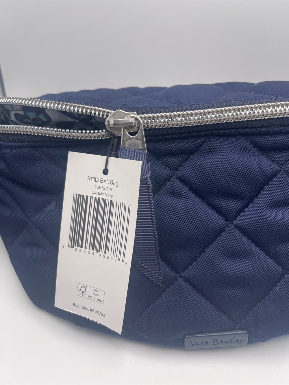Vera Bradley Quilted Navy Belt Bag with Silver Zipper closure NWT